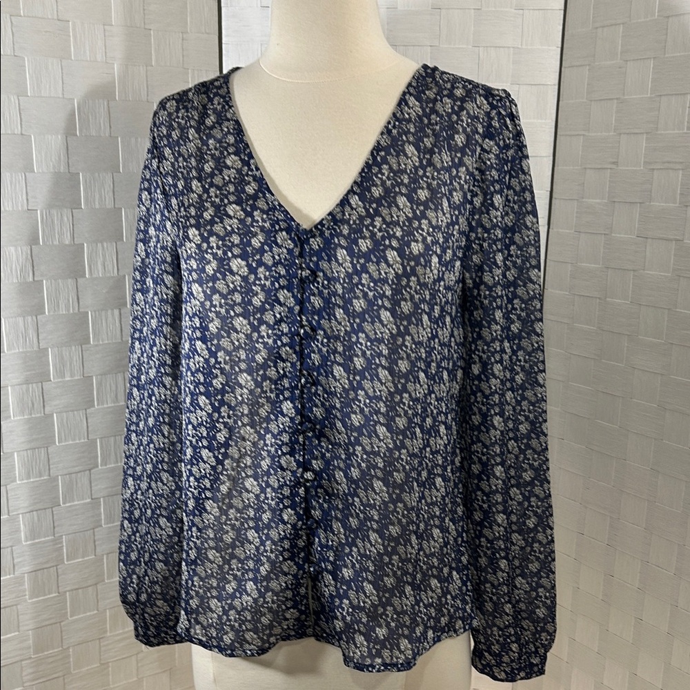 Lucky Brand Navy Floral V-Neck Blouse